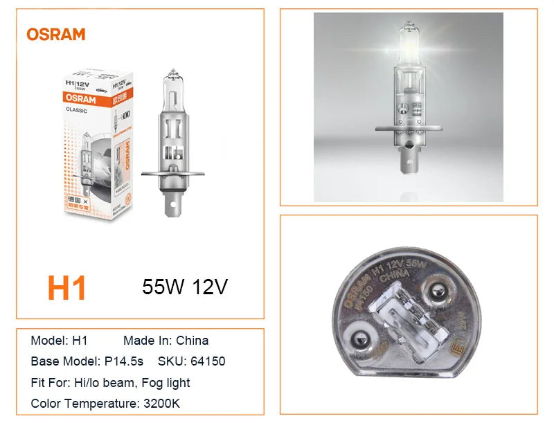 OSRAM H1 H4 H7 12V Faro alogeno per auto Linea originale Pezzi di ricambio 3200K Bianco caldo Lampada autentica Lampadina automatica Made In China 1X