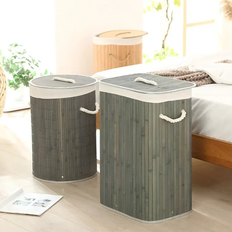 Cesto per Bucato Pieghevole di Grande Capacità, Contenitore in Bambù Rotondo per Organizzare Vestiti, Cesto Compatto per la Casa