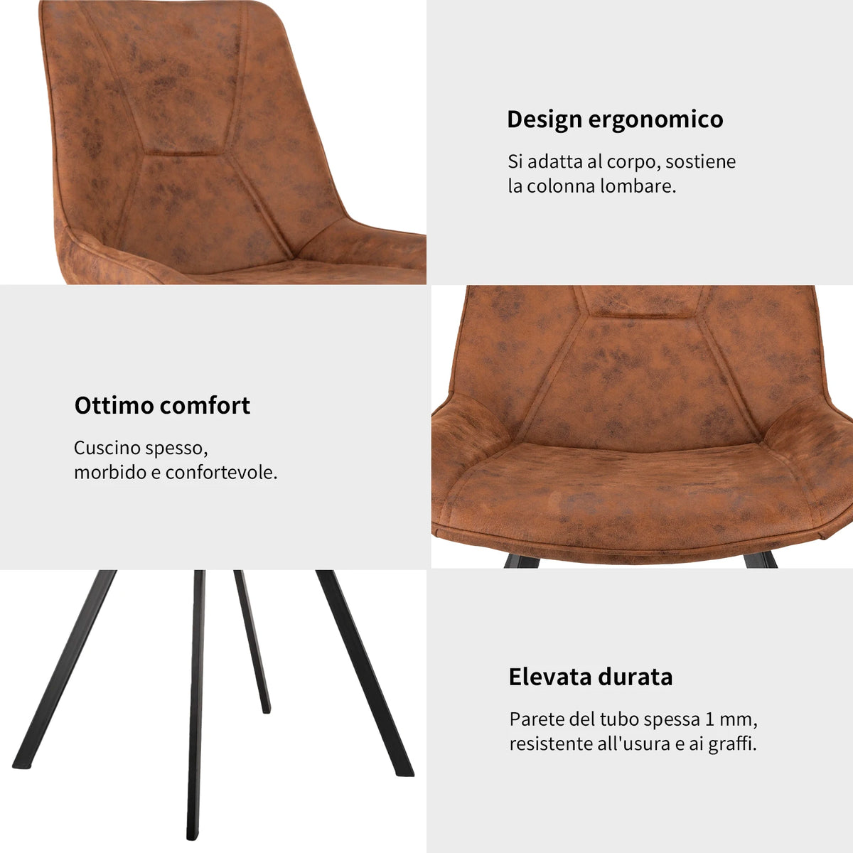 Set di 2 sedie da pranzo moderne in ecopelle con gambe in metallo marrone, per ufficio/soggiorno, 75 × 45 × 57 cm