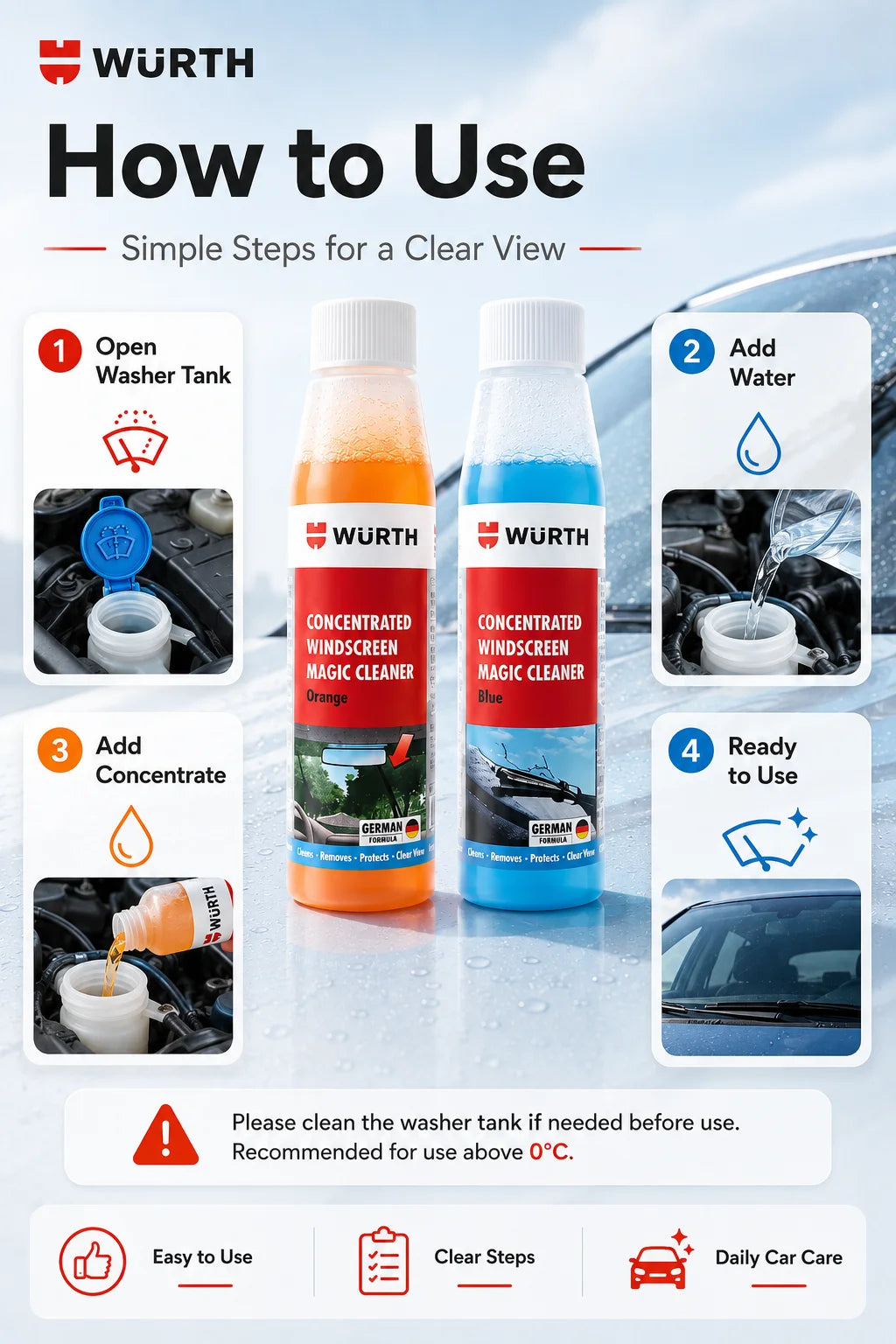 WURTH Detergente Concentrato per Parabrezza 1:100 Miscelazione Rapida Senza Aloni per Vetri Auto 32ml Arancione Blu