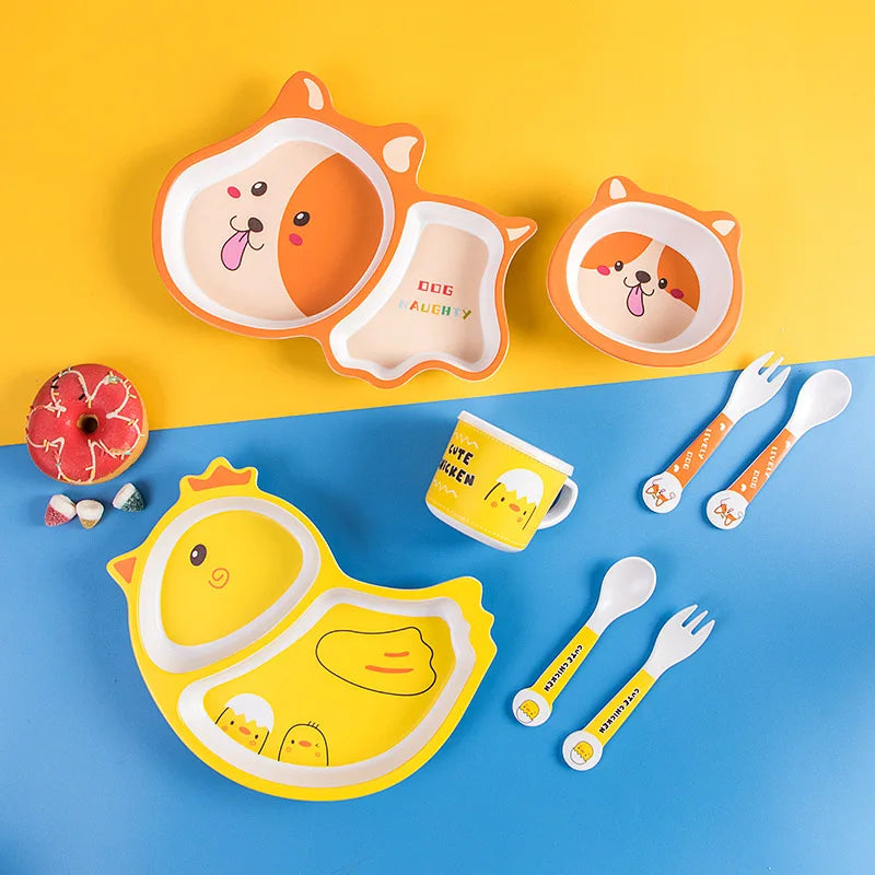 Set di stoviglie in fibra di bambù con pollo simpatico cartone animato: piatto, ciotola, forchetta, cucchiaio per uso domestico, pasti per bambini piccoli, svezzamento del bambino, quotidiano