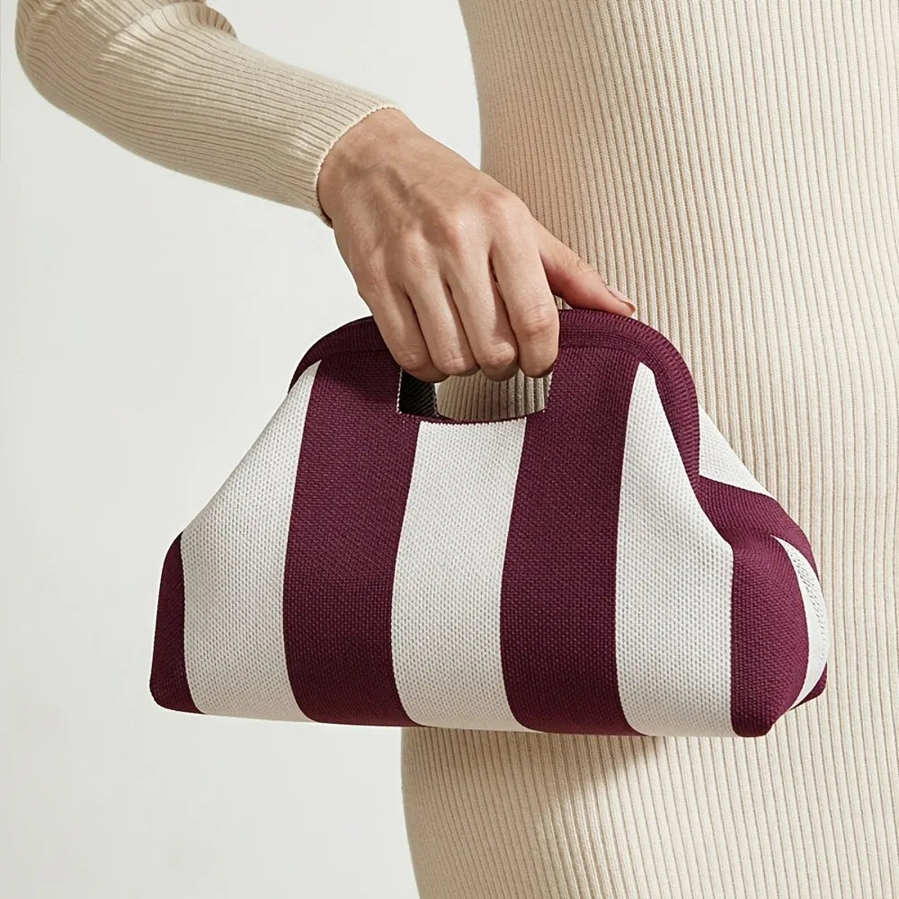 Nuova borsa intrecciata traforata a righe, borsa a mano in maglia, versatile borsa portatile per cosmetici