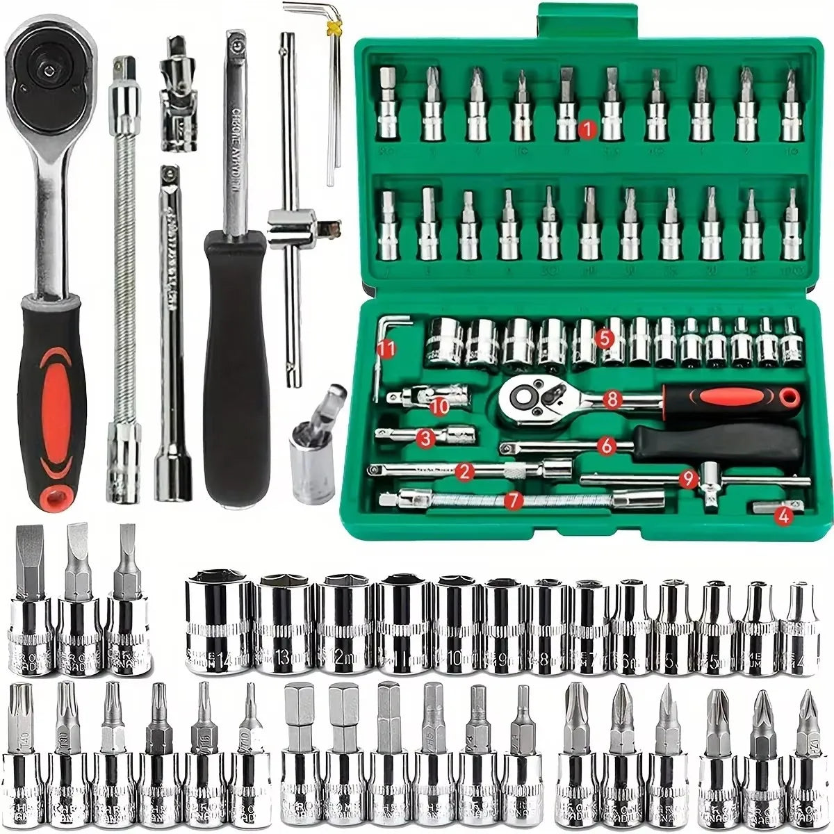Kit di Riparazione Auto da 46 Pezzi con Attrezzi a Cricchetto Verdi per Manutenzione Veicoli
