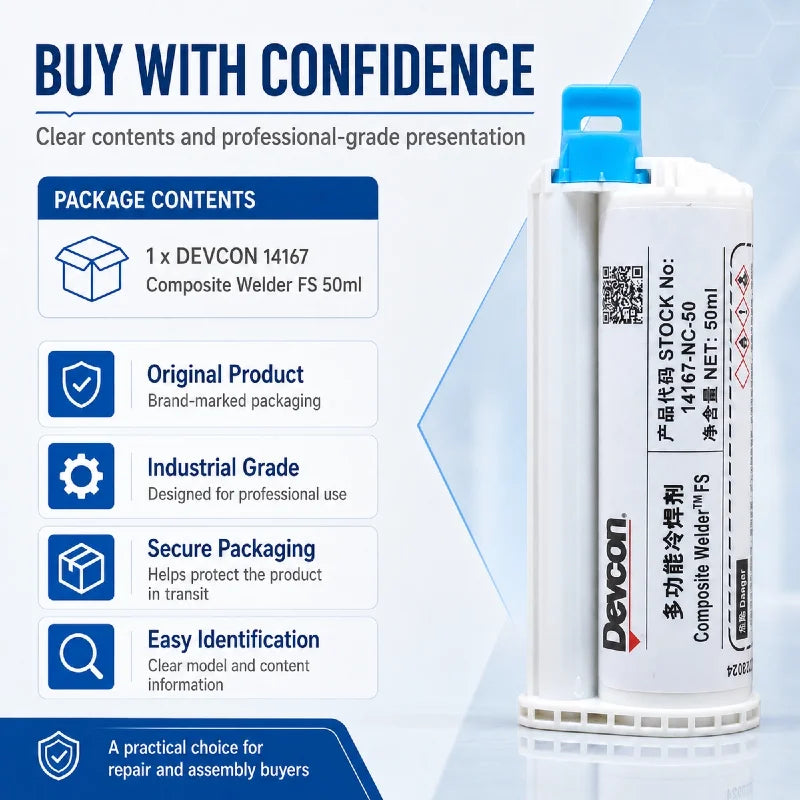 Adesivo Strutturale Bicomponente in Metacrilato Devcon 14167 FS 50ml, Colla a Rapida Asciugatura per Riparazione di Metallo, Plastica e FRP