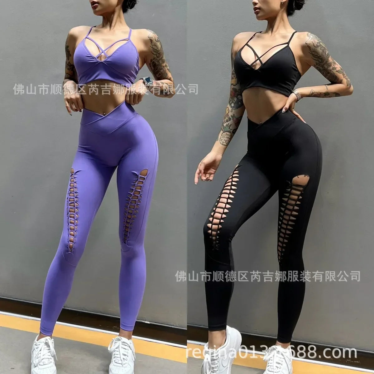 Reggiseno sportivo leggero a V profonda e sexy, pantaloni yoga a vita alta modellanti e scollati da donna
