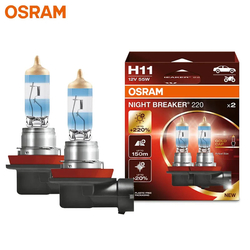 OSRAM Night Breaker 220 Lampade per auto H4 H7 H11 Faro alogeno + 220% Potenza luminosa + Fascio lungo 150 m Luce originale 12 V Germania, 2x