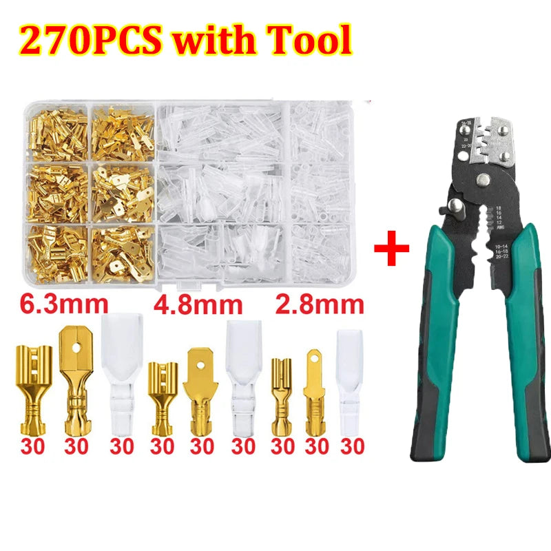 Set di terminali a crimpare per cavi da 2,8/4,8/6,3 mm, connettori a spina maschio e femmina in rame con manicotto isolante, scatola per connettori elettrici