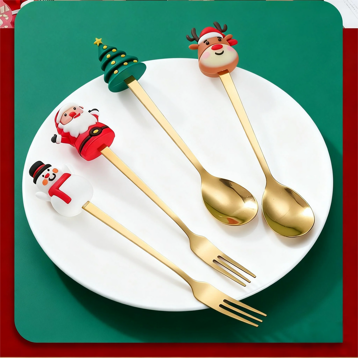 Set di posate da 12/6 pezzi in acciaio inossidabile a tema natalizio, cucchiai da caffè, forchette da dessert e cucchiai per la tavola delle festività