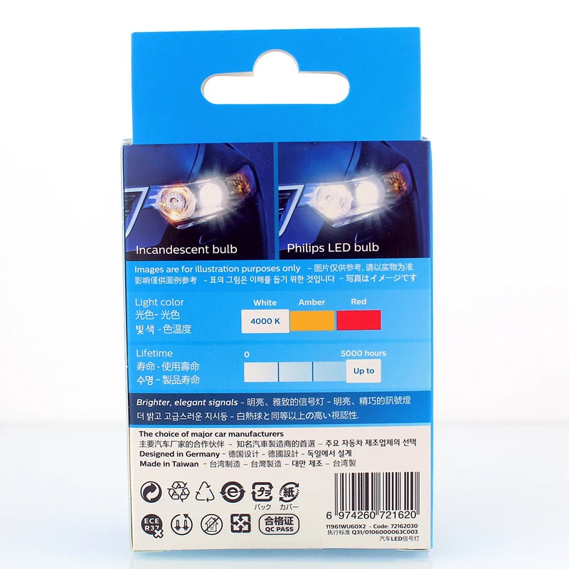 Philips LED T10 W5W Ultinon Pro6000 4000K 6000K Bianco Luminoso Interni Auto Lampade Indicatori di direzione No Flash Sfarfallio Senza Errori