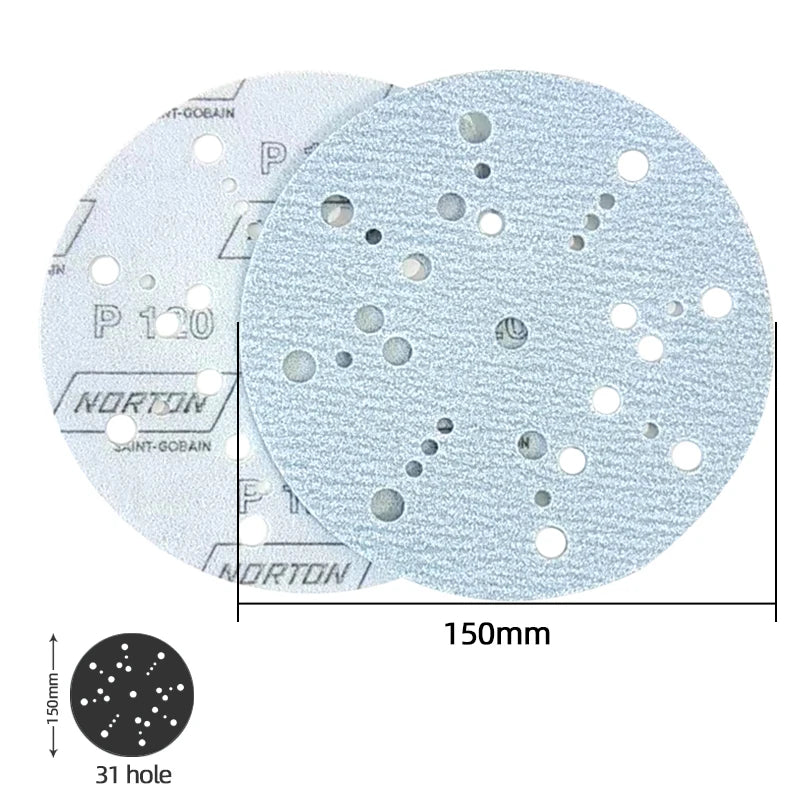 NORTON Carta Abrasiva Americana Blu 150mm con Fondo in Velluto Autoadesivo per Levigatura a Secco, Rotonda, 31 Fori, 6 Pollici per Settore Automobilistico