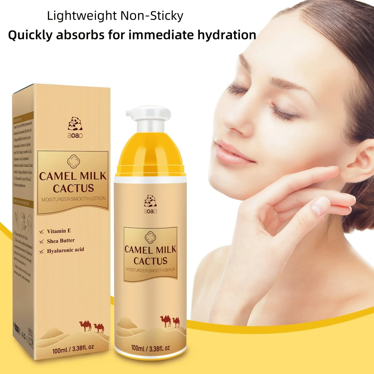 Lozione Corpo al Latte di Cammello con Olio di Avocado e Acido Ialuronico, Emulsione Idratante ad Alta Idratazione, Crema Corpo Nutriente per Pelle Secca, Adatta per Viso e Corpo, 100ml