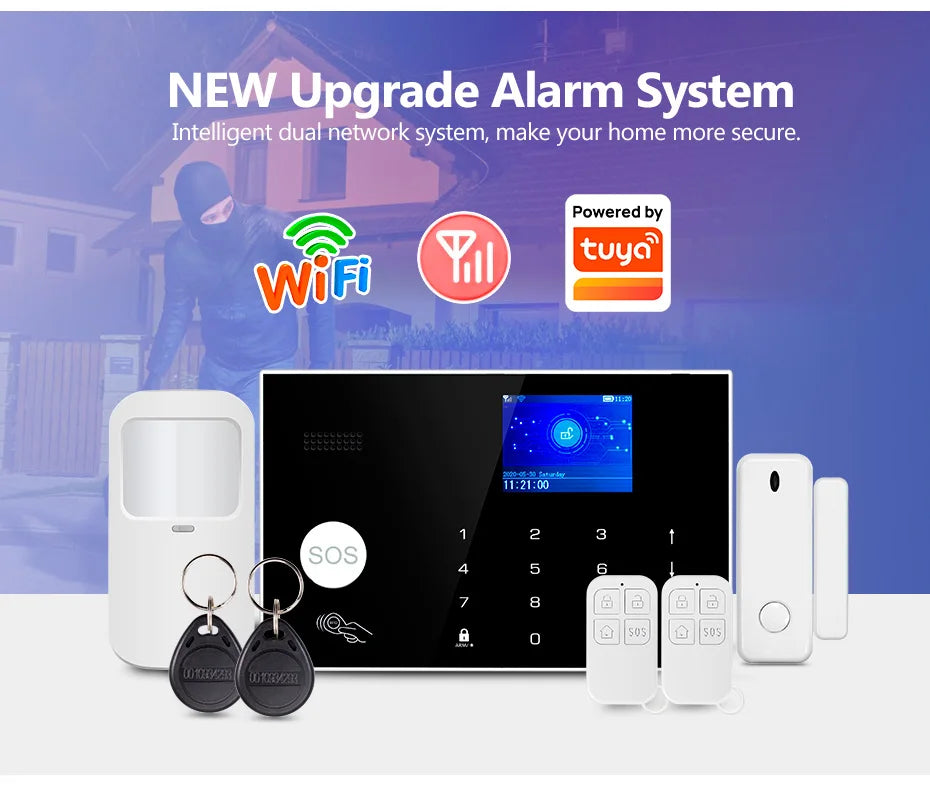 Sistema di Allarme KERUI WIFI GSM con Supporto per 3 Zone Cablate, Allarme Domestico Antifurto Compatibile con Tuya Smart, Sensore PIR 433MHz per Protezione di Sicurezza