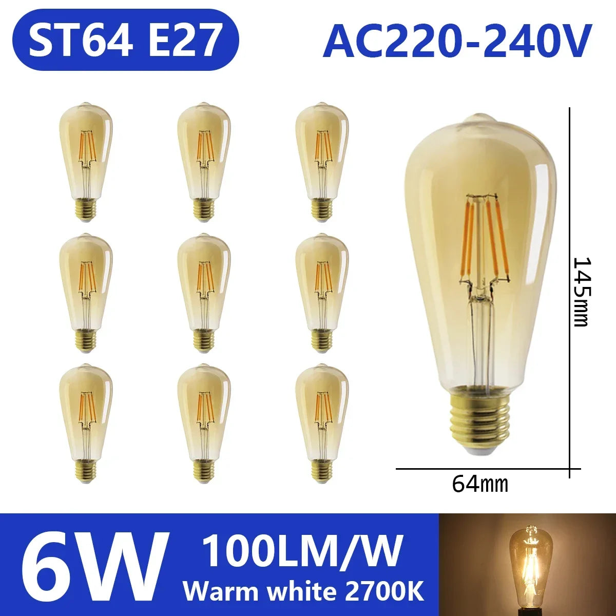 Confezione da 10 lampadine a filamento LED per E27 B22 220V 240V 4W 6W 9W Lampadine a LED bianche calde Lampada in vetro vintage