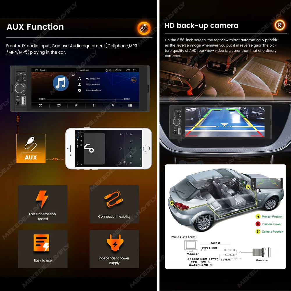 MEKEDE Lettore Video 4K da 5.2/6.86/6.88 Pollici, CarPlay Wireless, Android Auto, Radio FM Multimediale Universale 1DIN con USB Type-C, TF, AUX, ISO, RCA