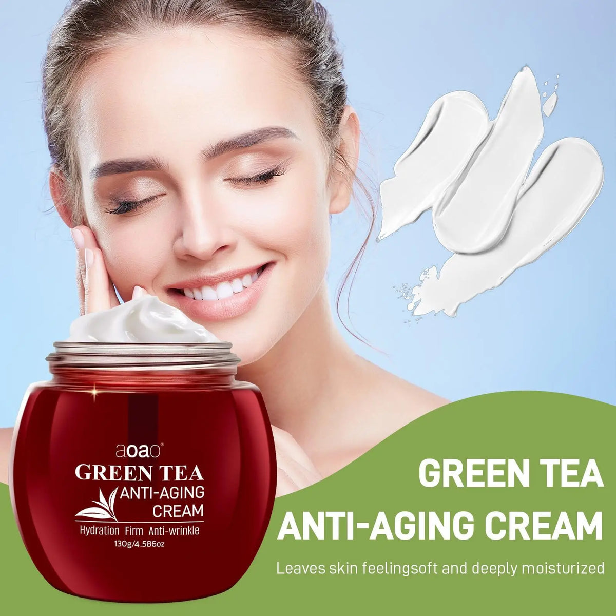 Crema Viso Rassodante e Anti-Età all'Estratto di Tè Verde, Crema Idratante con Collagene e Acido Ialuronico, Rinfrescante per Tutti i Tipi di Pelle 130g