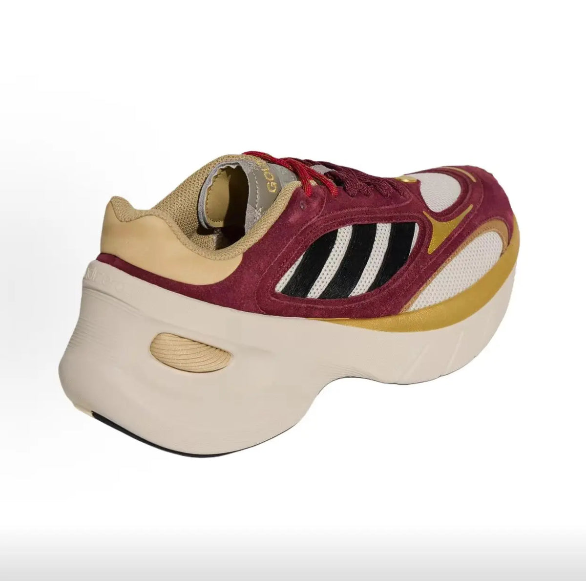Scarpe sportive da corsa casual Adidas, modello «dad shoes» con suola spessa, in rosso vino e oro, stile retrò, che slanciano la figura, KI7013.