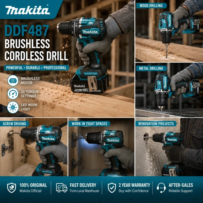 Trapano Avvitatore a Batteria Makita 18V DDF487 Brushless ad Alta Coppia + Batteria al Litio BL1860B BL1840 6.0Ah Kit Utensili Elettrici Spedizione Veloce da Magazzino EU