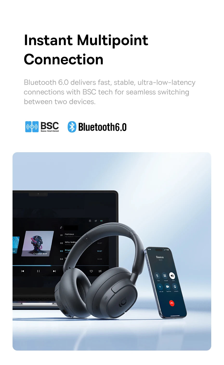 Cuffie Wireless ANC Baseus 80H, Auricolari Over-Ear con 95% di Cancellazione del Rumore, Cuffie Bluetooth 6.0 BH1 NC LITE