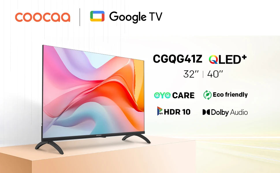 Coocaa Smart TV QLED da 32" – Google Cast integrato, 60Hz, HDR10 e HLG, Dolby Audio, Qyocare 5.0 Anti Luce Blu, senza sfarfallio, 2 porte HDMI e 2 porte USB, luminosità di 200 cd/m²