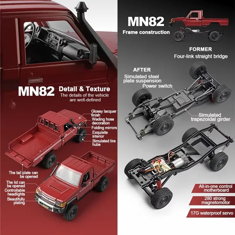 MN82 Pickup 4WD Off-Road PRO Aggiornato, Auto RC in Scala 1:12 con Fari, Giocattolo Telecomandato 2.4G, Regalo per Bambini, Gioco all'Aperto
