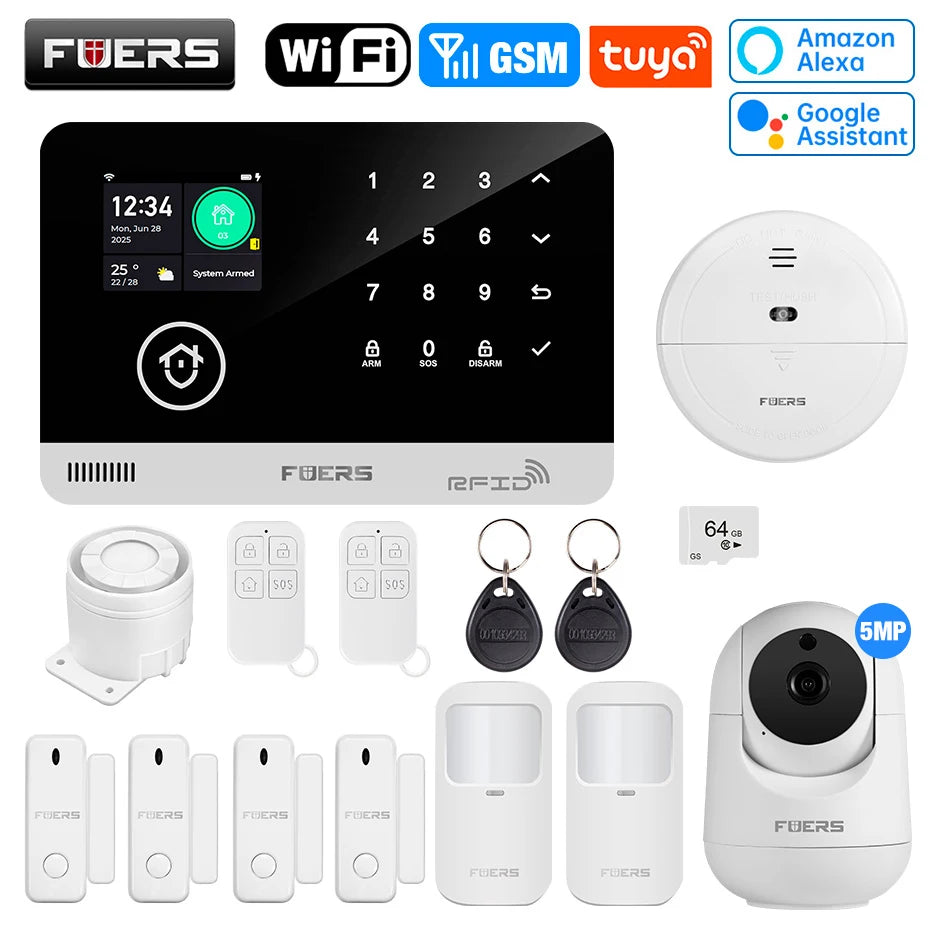 FUERS Sistema di allarme Smart Home WIFI GSM Allarme di sicurezza Host Ant-furto con sensore di movimento porta Tuya Smart App controllo lavoro Alexa
