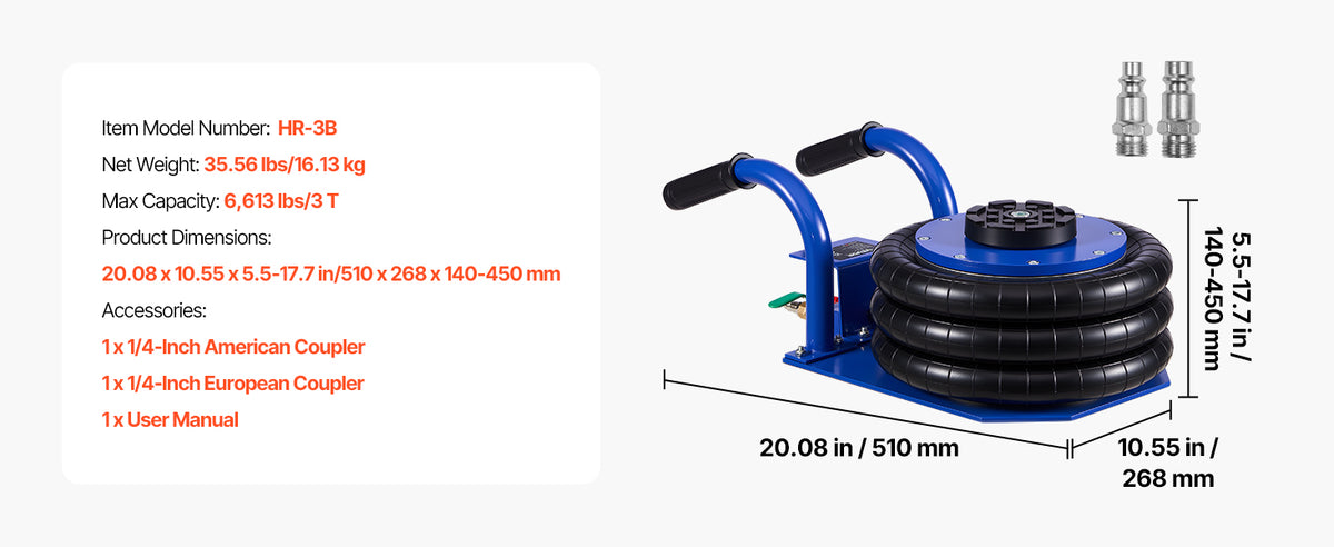 SucceBuy Martinetto pneumatico a tripla borsa, capacità di 3 tonnellate/6600 libbre, jack per auto pneumatici portatili, resistenti e sollevataggio rapido per la riparazione di auto da garage