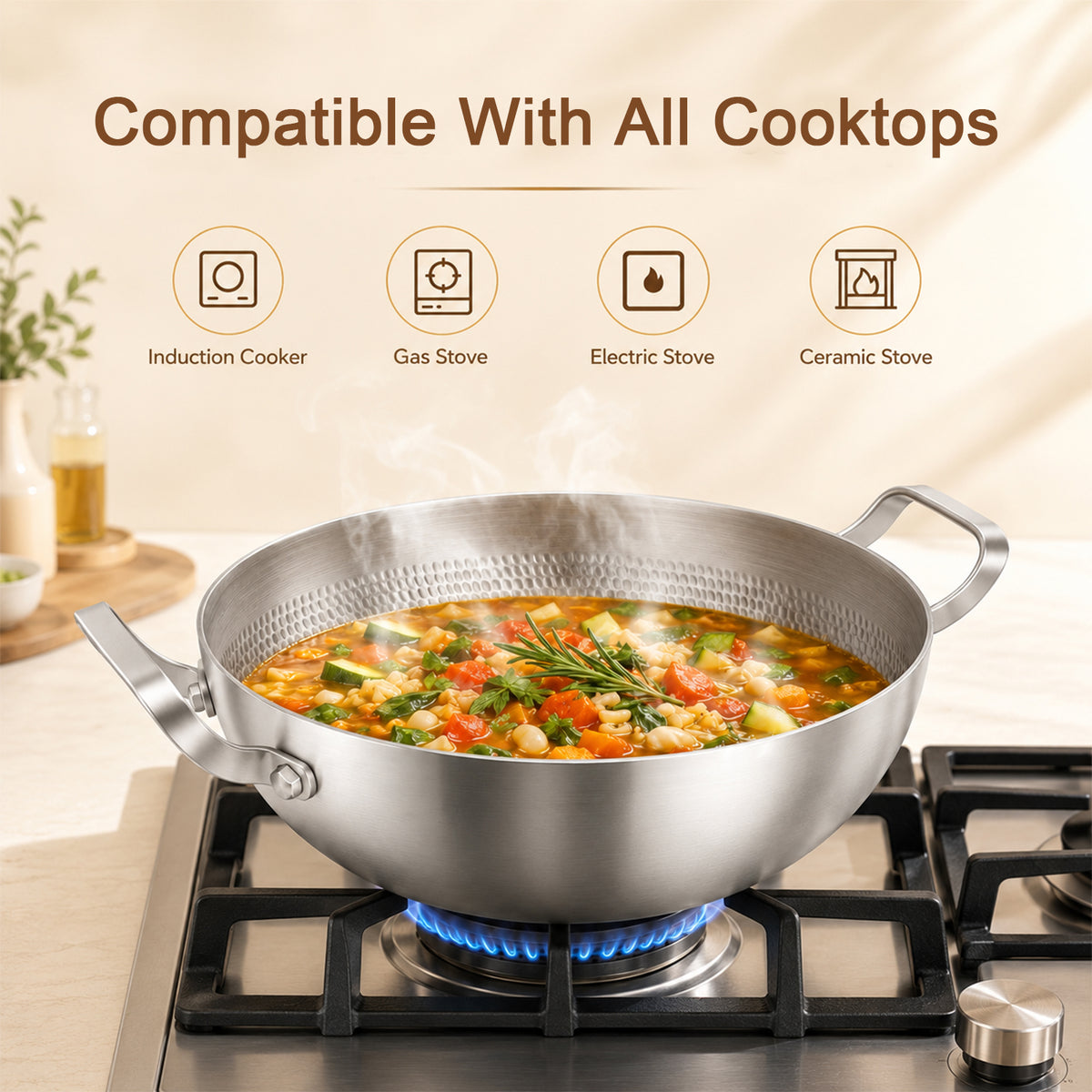 Padella da 30 cm in titanio, modello Pro, con coperchio, doppio manico, bordo alto e rivestimento antiaderente, realizzata con acciaio composito a 5 strati e finitura martellata, adatta a tutti i tipi di fornelli, ideale per