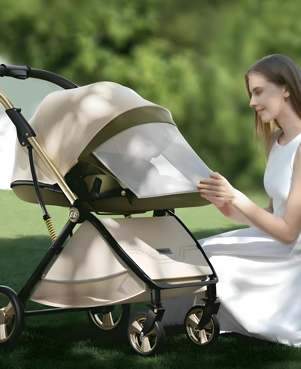 Passeggino portatile leggero in pelle a forma di uovo con cabina protettiva per la colonna vertebrale, design alto, pieghevole, spinta bidirezionale, quattro ruote con sospensioni, per bambini 0-3 anni