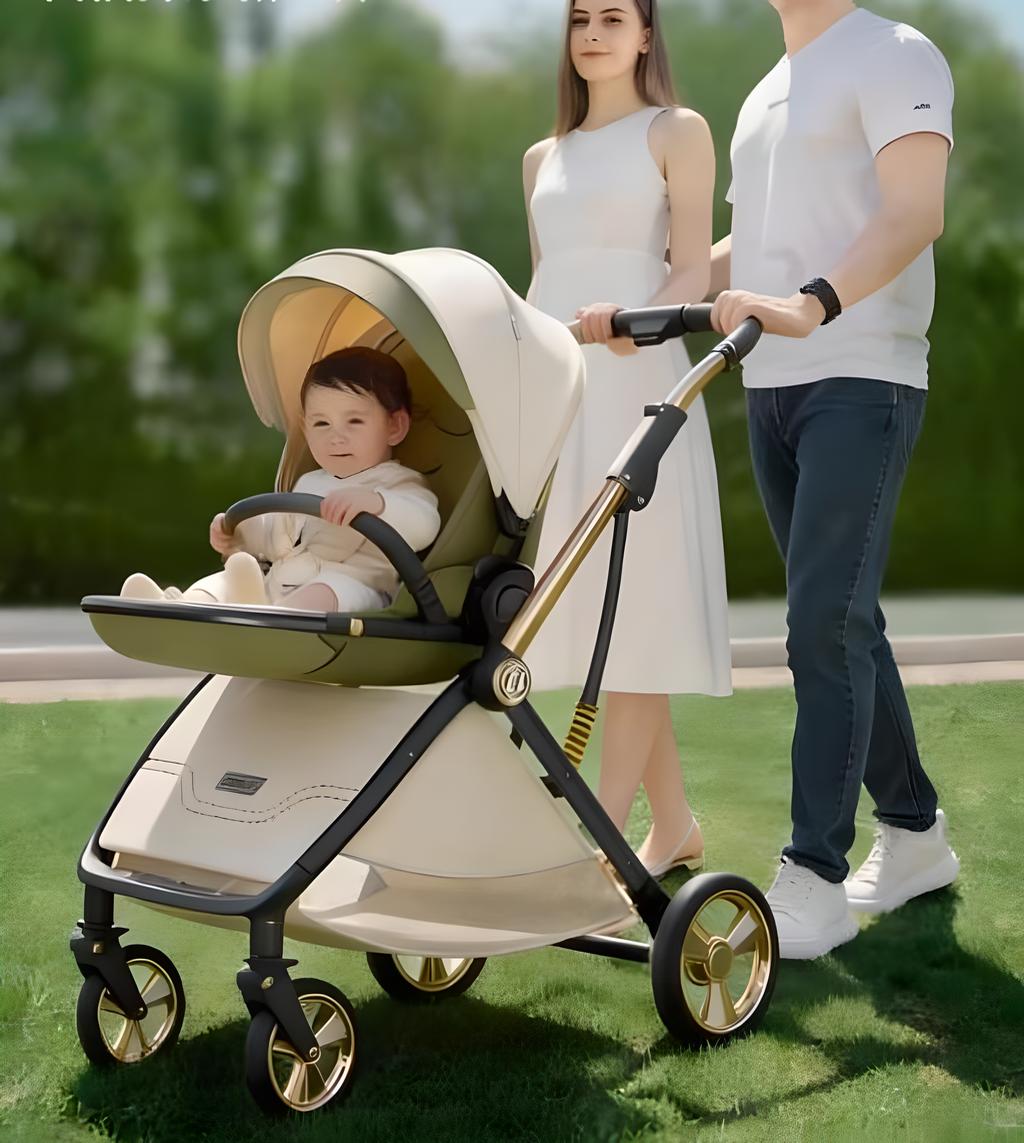 Passeggino portatile leggero in pelle a forma di uovo con cabina protettiva per la colonna vertebrale, design alto, pieghevole, spinta bidirezionale, quattro ruote con sospensioni, per bambini 0-3 anni