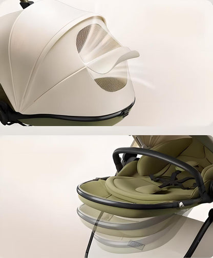 Passeggino portatile leggero in pelle a forma di uovo con cabina protettiva per la colonna vertebrale, design alto, pieghevole, spinta bidirezionale, quattro ruote con sospensioni, per bambini 0-3 anni