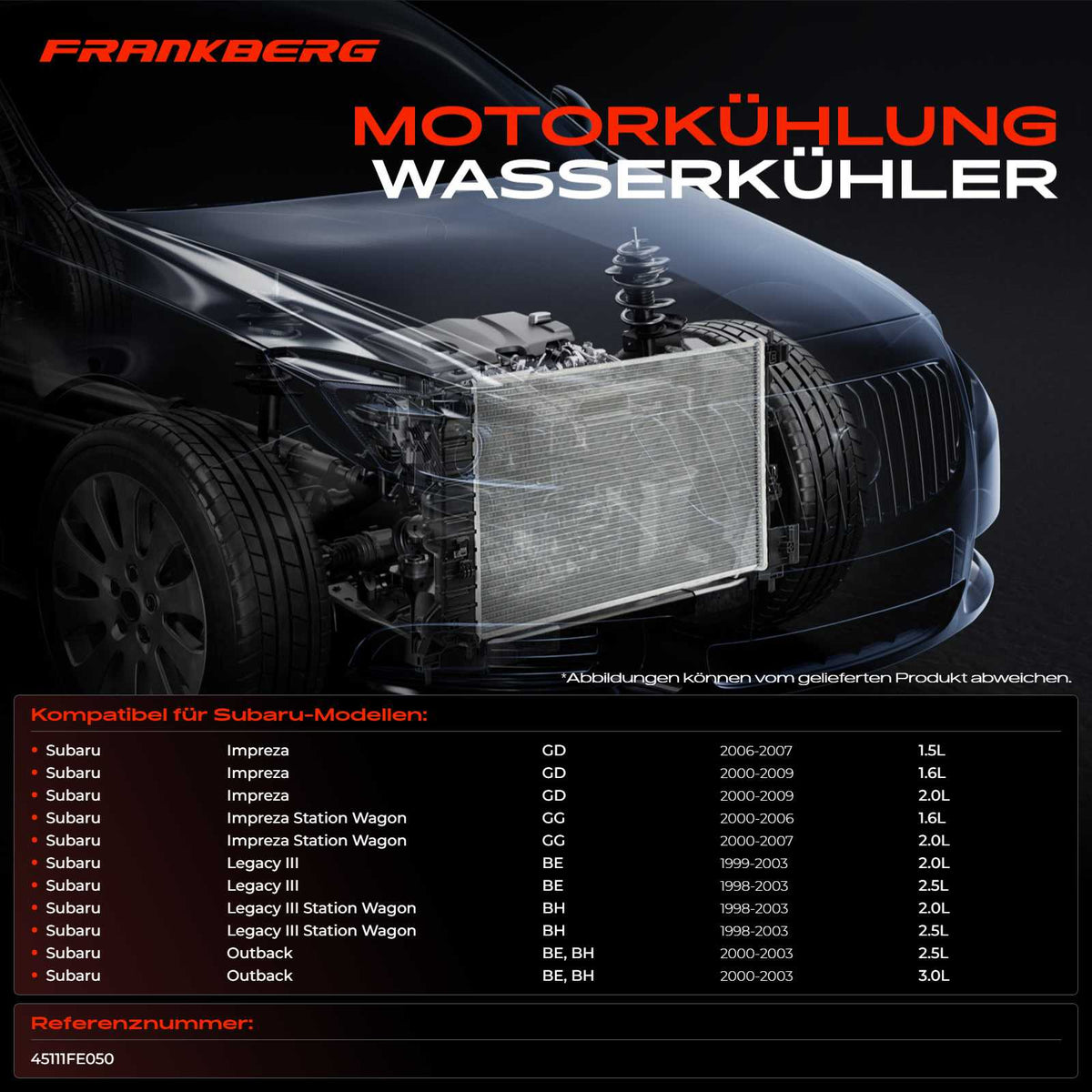 Radiatore Frankberg 1X per Subaru Impreza, Legacy III, Outback, Motori EJ20, EJ25, Codice 45111FE050