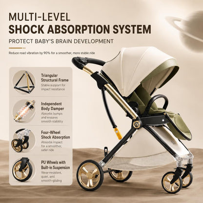 Passeggino portatile leggero in pelle a forma di uovo con cabina protettiva per la colonna vertebrale, design alto, pieghevole, spinta bidirezionale, quattro ruote con sospensioni, per bambini 0-3 anni