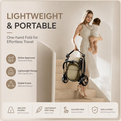 Passeggino portatile leggero in pelle a forma di uovo con cabina protettiva per la colonna vertebrale, design alto, pieghevole, spinta bidirezionale, quattro ruote con sospensioni, per bambini 0-3 anni