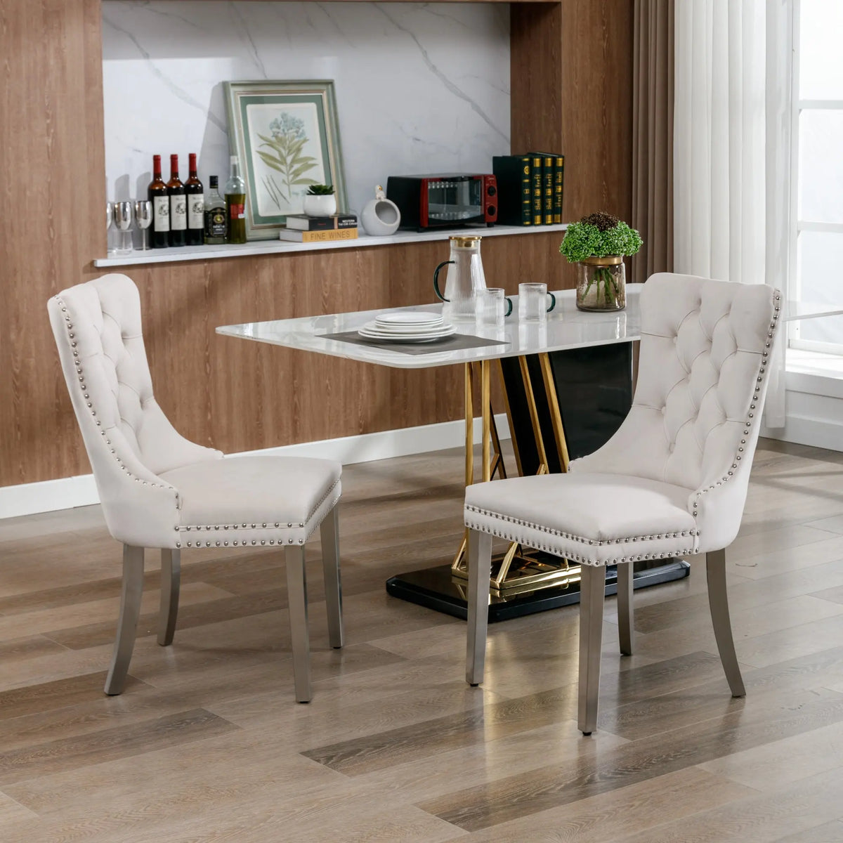 Set di 2 sedie da pranzo in velluto, sedie d’arredo imbottite, 50 cm di larghezza x 95 cm di altezza, con schienale alto e dettagli a bottoni, gambe in acciaio inossidabile cromato e finiture con borchie, sedie da pranzo mo
