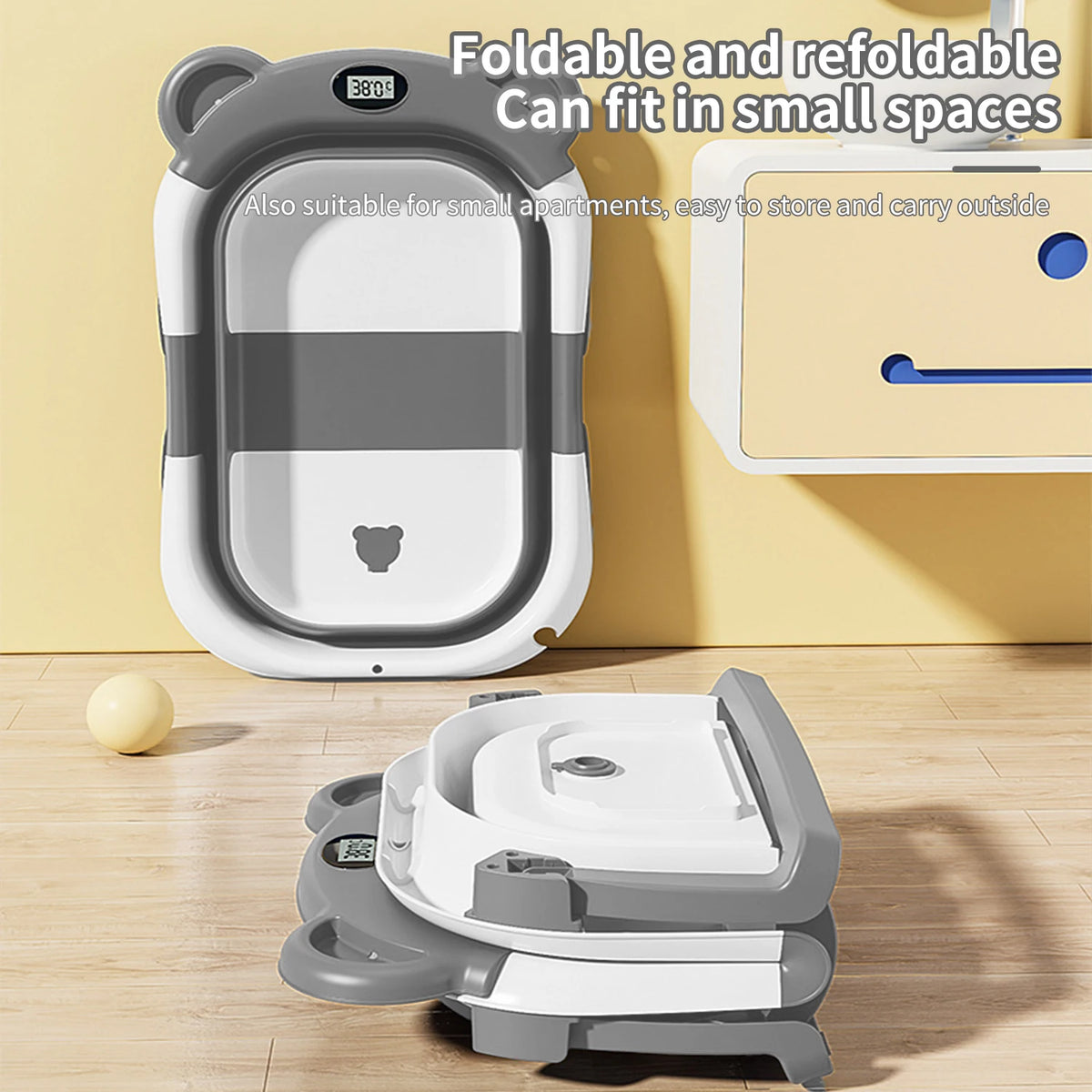 Vasca da bagno pieghevole per bambini con termometro Tappetino da bagno antiscivolo Supporto per cuscino Vasca da doccia portatile per neonato per piscina da viaggio 0-15M
