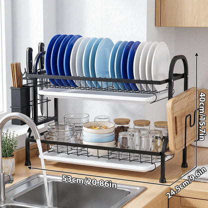 Scolapiatti a 2 livelli per il piano di lavoro della cucina, scolapiatti in metallo con vaschetta raccogli-acqua, rivestimento resistente alla ruggine, scolapiatti salvaspazio per piatti e posate.