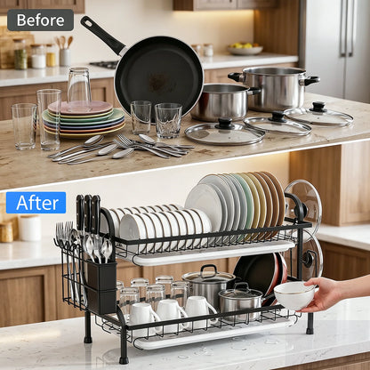 Scolapiatti a 2 livelli per il piano di lavoro della cucina, scolapiatti in metallo con vaschetta raccogli-acqua, rivestimento resistente alla ruggine, scolapiatti salvaspazio per piatti e posate.