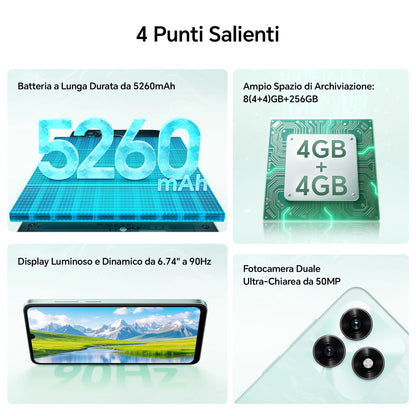 Smartphone HONOR X5c Plus, 5260 mAh, display da 6,74 pollici a 90 Hz, fotocamera da 50+5 MP, Android 15, processore octa-core, riconoscimento delle impronte digitali e del volto