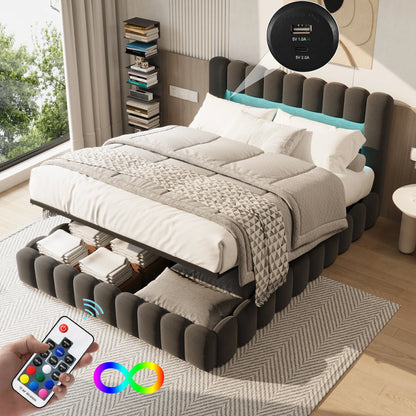 Anajqaqia Letto a bolle 140 x 200 cm, letto matrimoniale moderno con contenitore idraulico, struttura a tronco d'albero, materasso a incasso e testiera contenitore