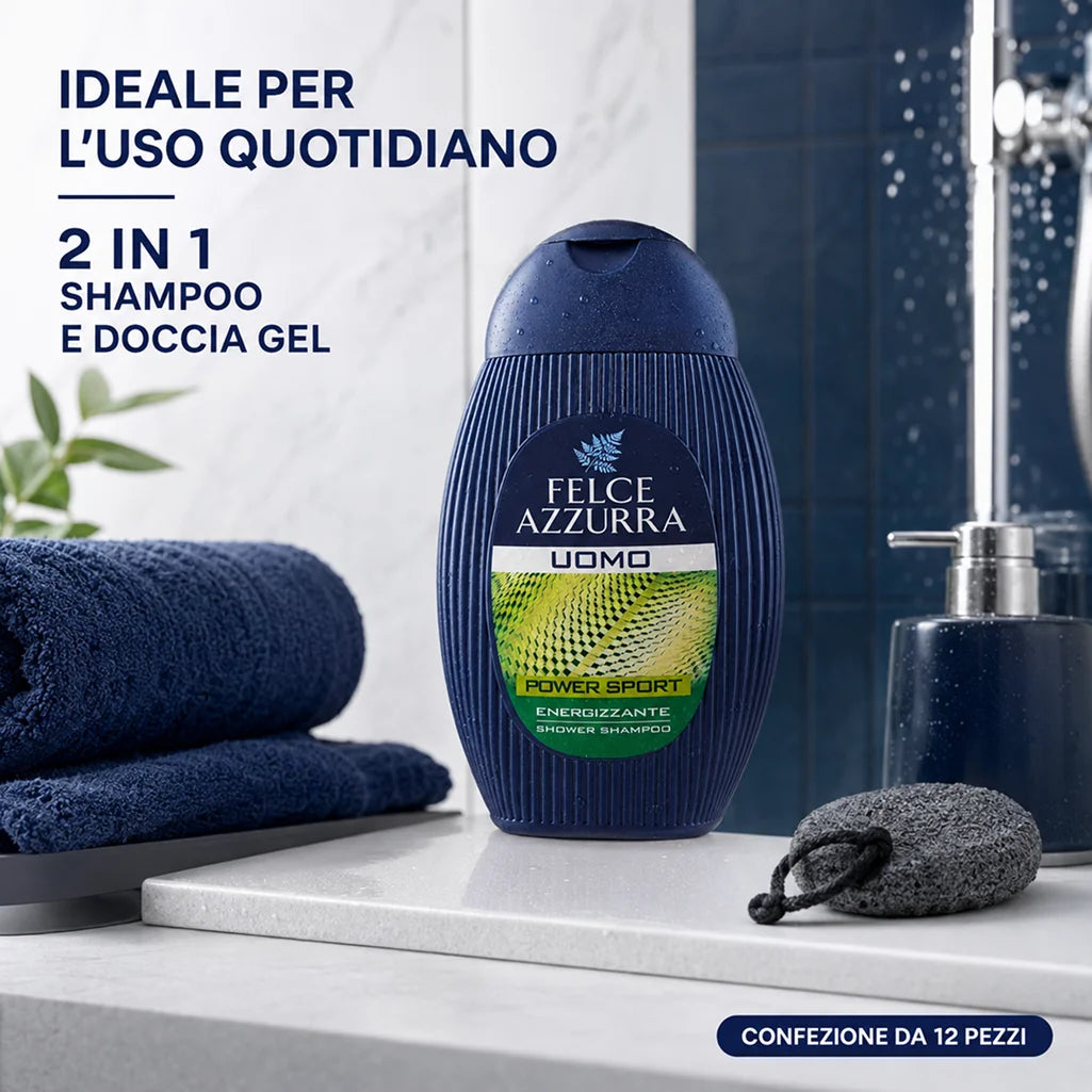 Confezione da 12 Felce Azzurra Doccia Shampoo Sport 250 ml, detergente 2 in 1 per corpo e capelli, 3 L totali