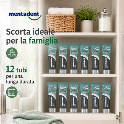 Confezione da 12 Mentadent White Now Detox Carbone 75 ml, dentifricio per igiene orale quotidiana, 900 ml totali