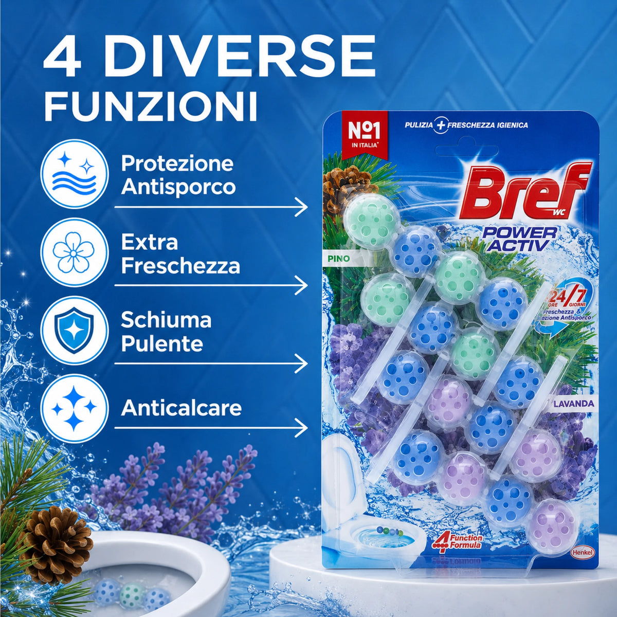 Confezione da 8, 12 o 16 Bref Power Activ Pino e Lavanda, tavolette WC da 4x50 g, detergente solido per pulizia e freschezza del WC