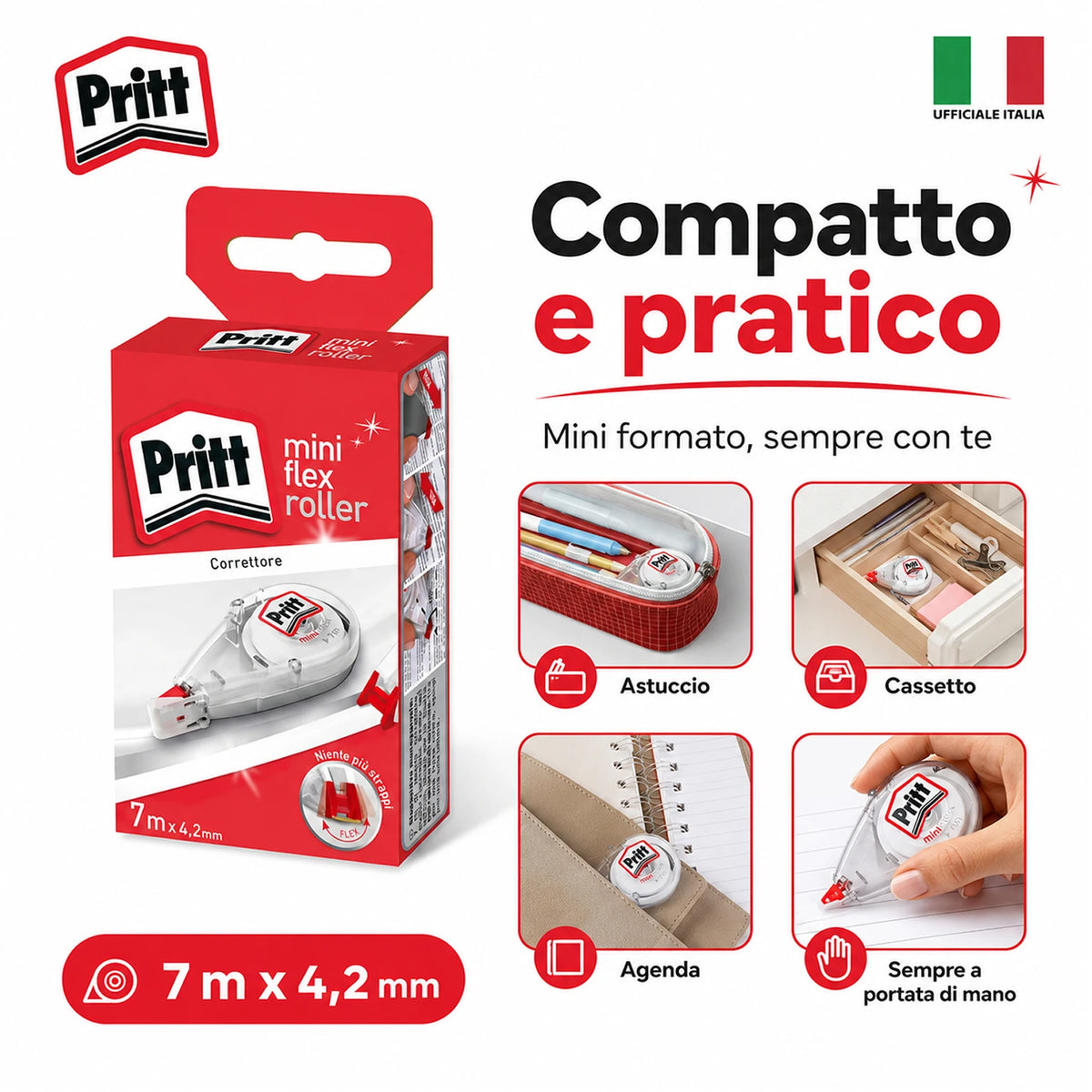 Confezione da 10 Pritt Correttore Mini Roller 4,2 mm x 7 m, punta flessibile con funzione push-pull, correttori a nastro per scuola e ufficio