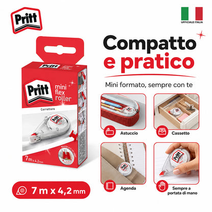 Confezione da 10 Pritt Correttore Mini Roller 4,2 mm x 7 m, punta flessibile con funzione push-pull, correttori a nastro per scuola e ufficio