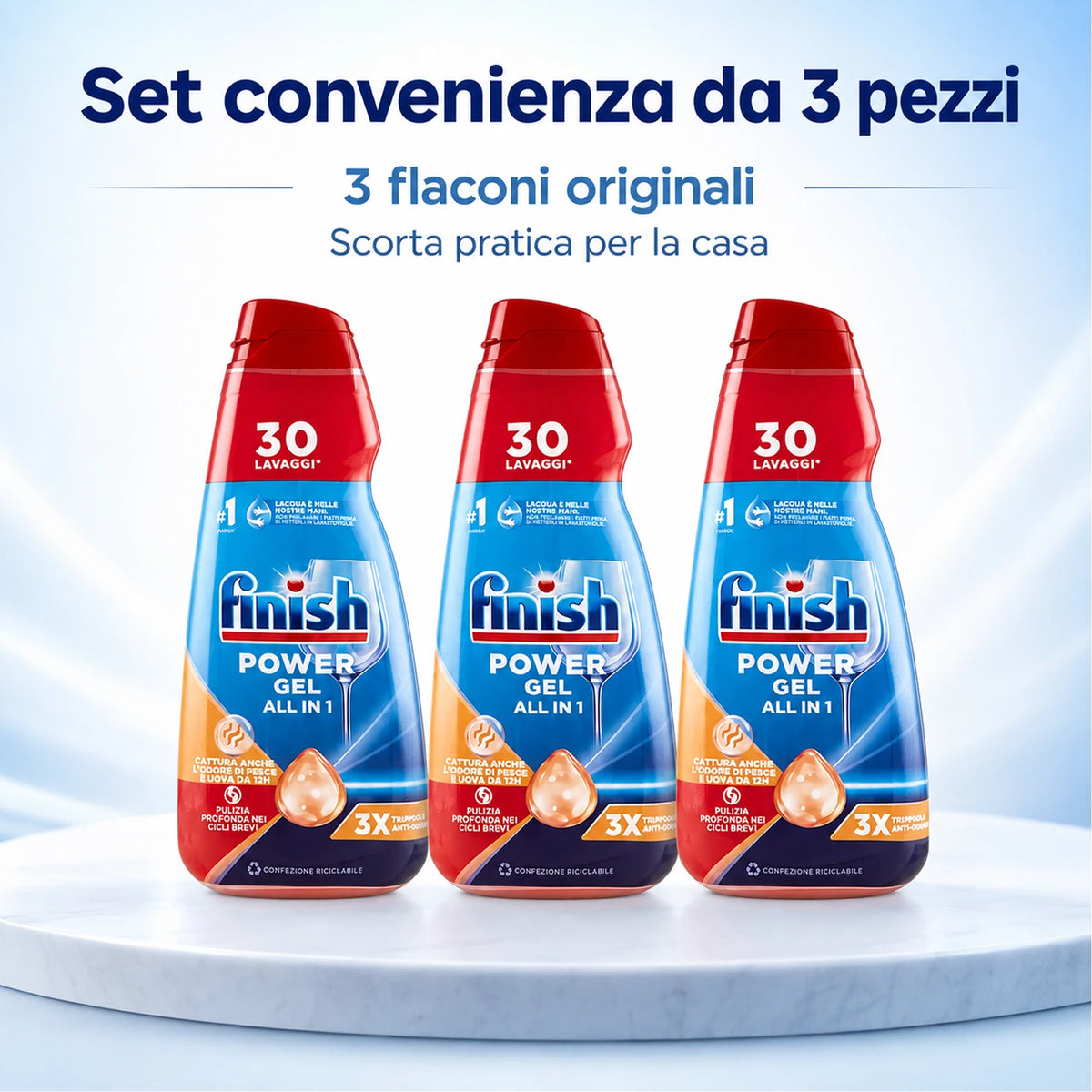 Confezione da 3 Finish Power Gel 600 ml Anti-Odore, gel per lavastoviglie, 1,8 L totali per piatti, bicchieri e stoviglie