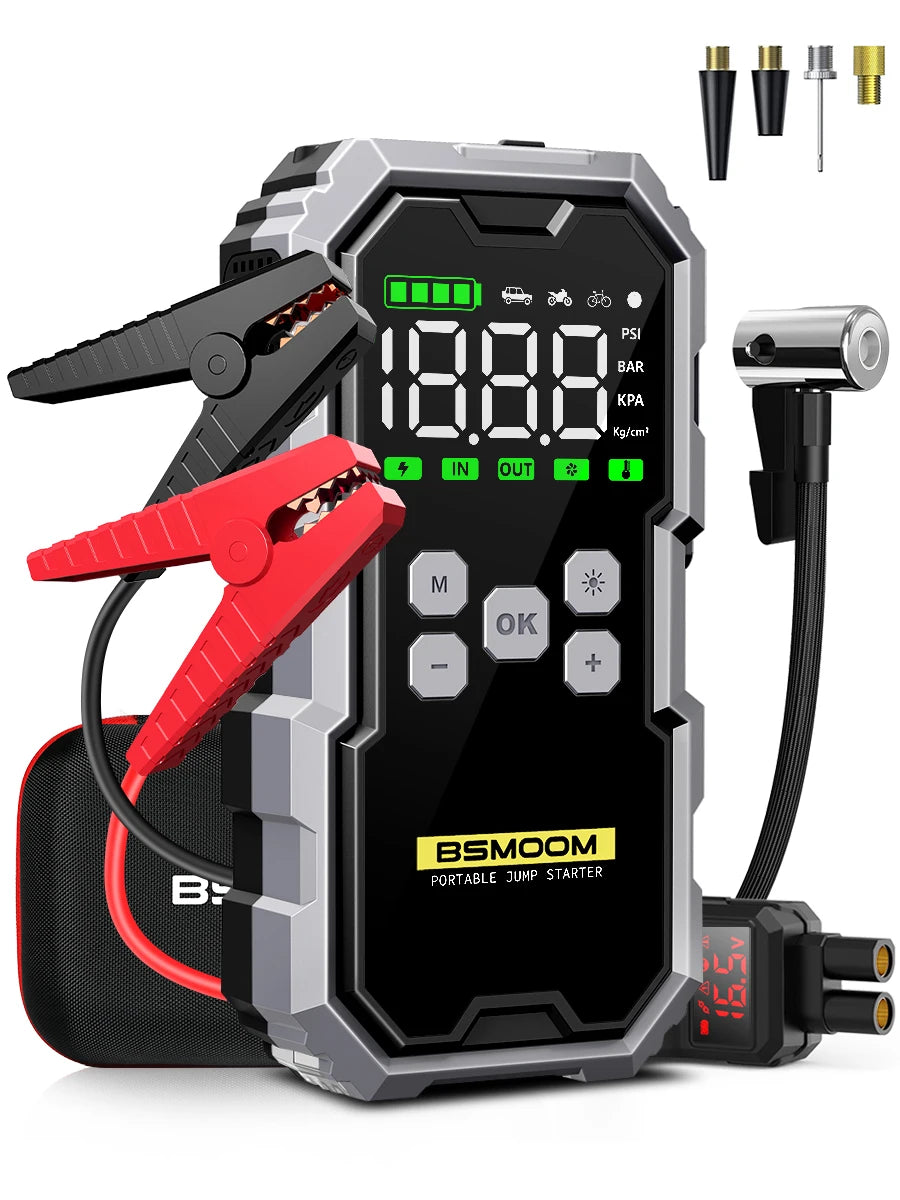 Avviatore di Emergenza per Auto con Compressore d'Aria Senza Fili, Gonfiatore Pneumatici, Booster Batteria con Power Bank e Torcia LED, Avviatore 12V per Tutti i Veicoli a Benzina o Diesel fino a 10.0L, Avviatore di Emergenza