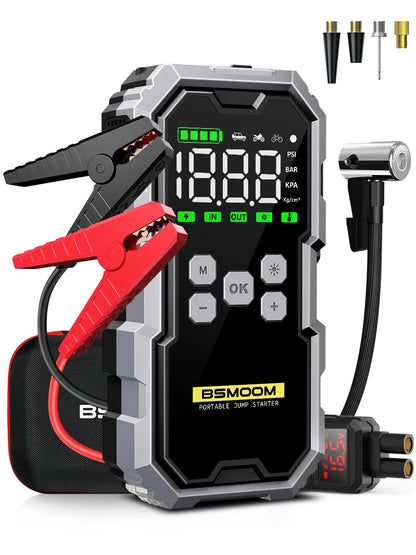 Avviatore di Emergenza per Auto con Compressore d'Aria Senza Fili, Gonfiatore Pneumatici, Booster Batteria con Power Bank e Torcia LED, Avviatore 12V per Tutti i Veicoli a Benzina o Diesel fino a 10.0L, Avviatore di Emergenza