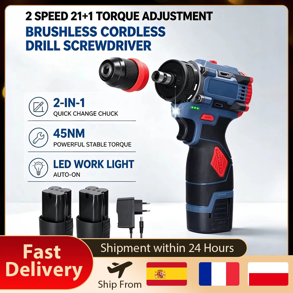 Trapano Cordless Brushless 16.8V 45Nm a 2 Velocità con Luce LED, Trapano Elettrico Ricaricabile per Fai-da-Te Domestico, Lavorazione del Legno e Foratura del Metallo con 2 Batterie da 1300mAh