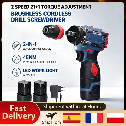 Trapano Cordless Brushless 16.8V 45Nm a 2 Velocità con Luce LED, Trapano Elettrico Ricaricabile per Fai-da-Te Domestico, Lavorazione del Legno e Foratura del Metallo con 2 Batterie da 1300mAh