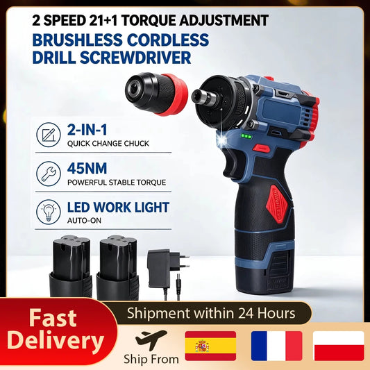 Trapano Cordless Brushless 16.8V 45Nm a 2 Velocità con Luce LED, Trapano Elettrico Ricaricabile per Fai-da-Te Domestico, Lavorazione del Legno e Foratura del Metallo con 2 Batterie da 1300mAh